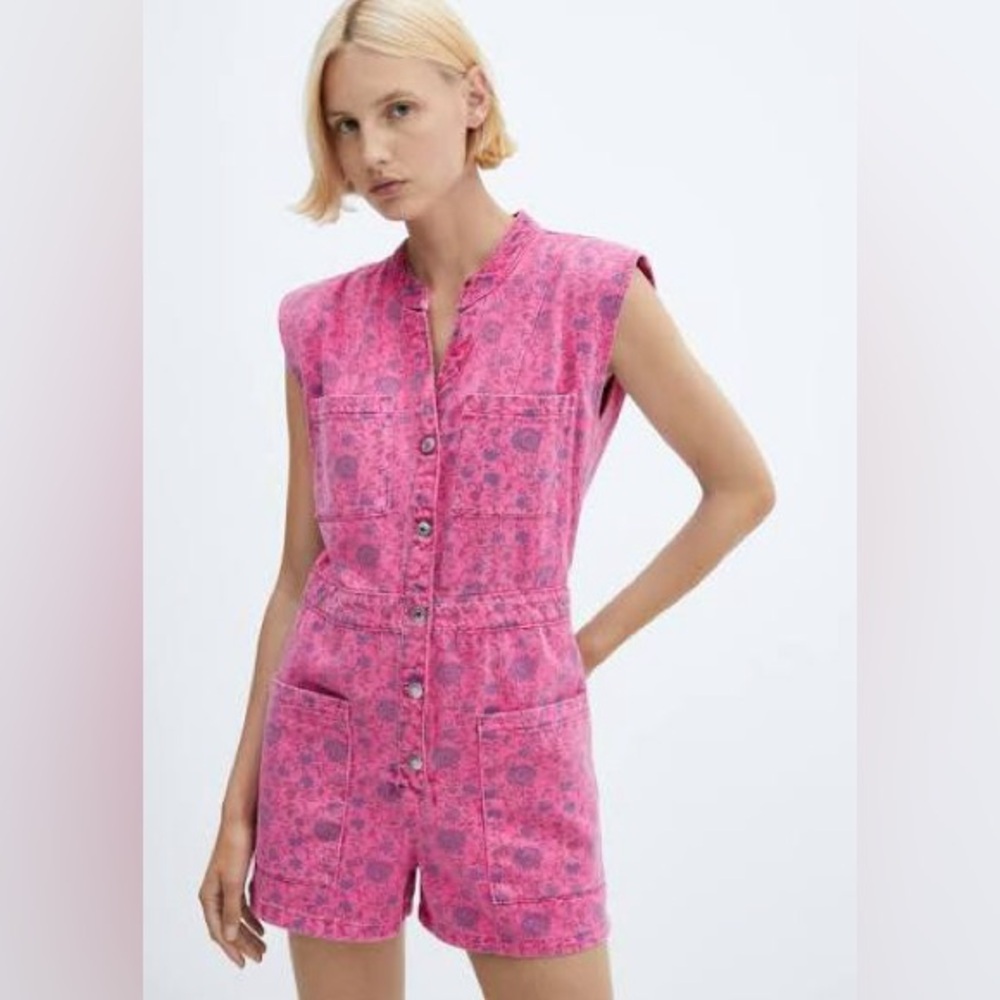 MANGO pink floral Printed Denim Jumpsuit - XS - SUPER CUTE and nearly sold out